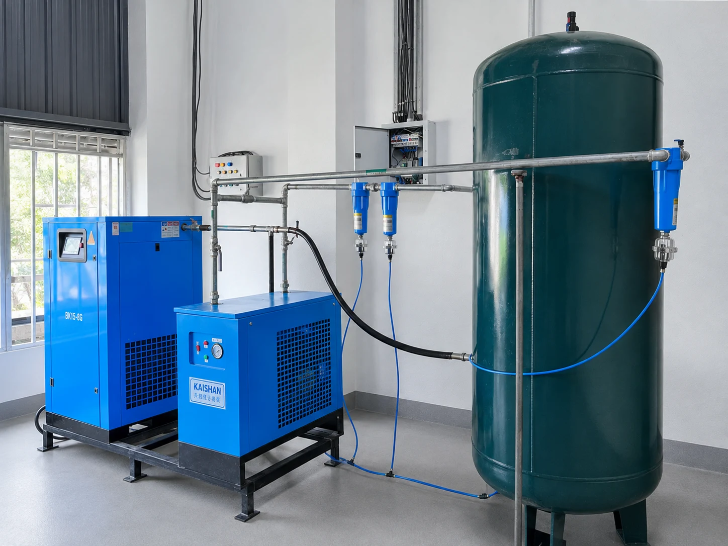 Air compressor dryer filters and receiver tank for PET preform production