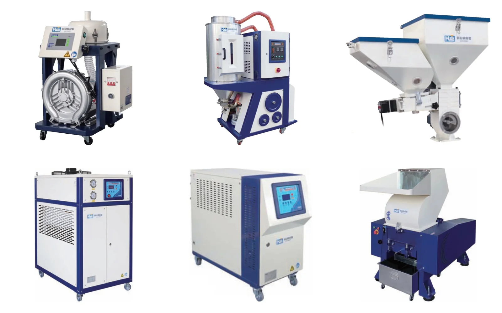 Optional auxiliaries: vacuum loader, dryer, color doser, chiller, mold temperature controller and granulator