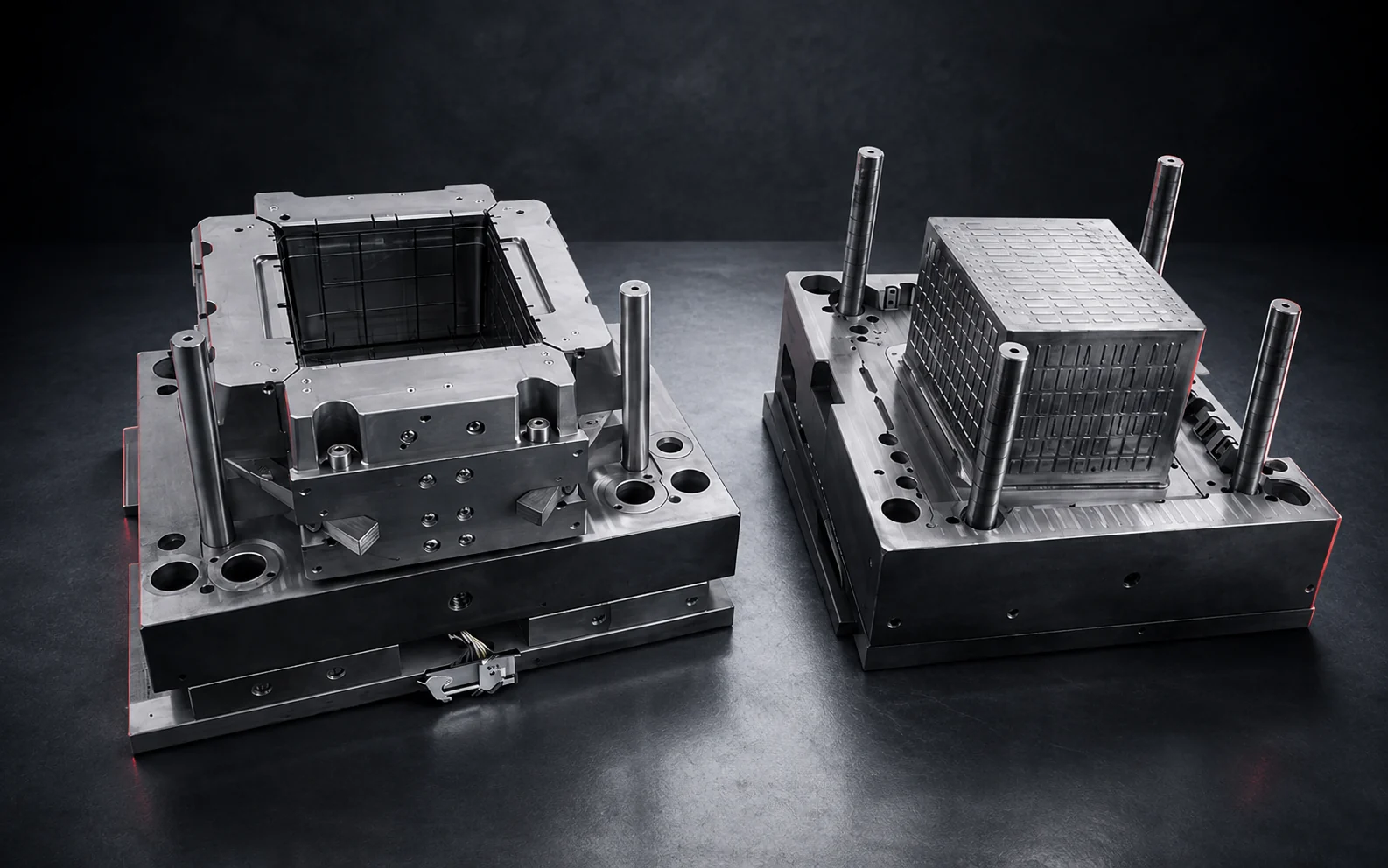 Open plastic logistics crate injection mold with cavity and core halves